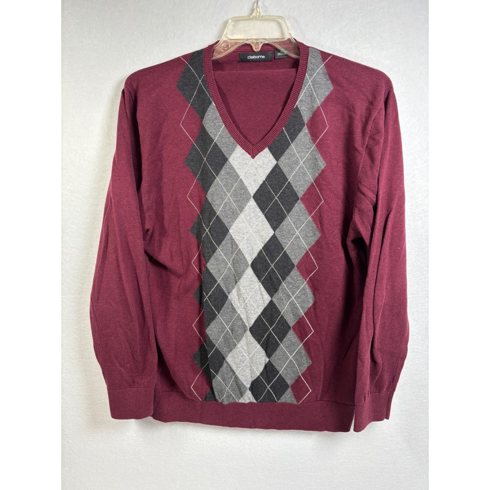Claiborne Argyle Sweater Mens XL Burgundy Red Cotton V-Neck Classic Preppy Knit